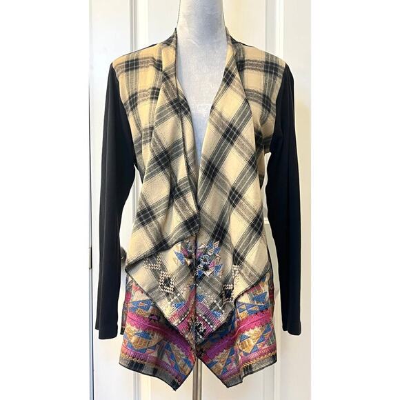 James Bryan Drape Plaid Cardigan Open Front Embroidered Boho Aztec Black Size M - Picture 1 of 9